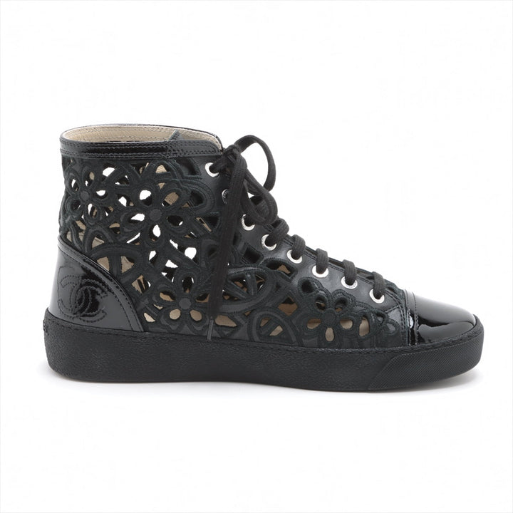 Top Quality Chanel Coco Leather X Fabric High-Cut Trainers 38  Black Flower Race
