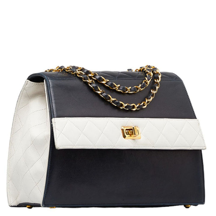 Top Quality Chanel Vintage Matrasse Chain Shoulder Bag Navy White Lambskin