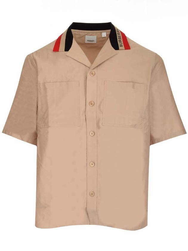 Burberry Men's Striped Logo Collar Short Sleeve Shirt Beige