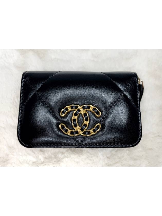 19 CC Logo Zip Around Lambskin Card Wallet Black Chanel