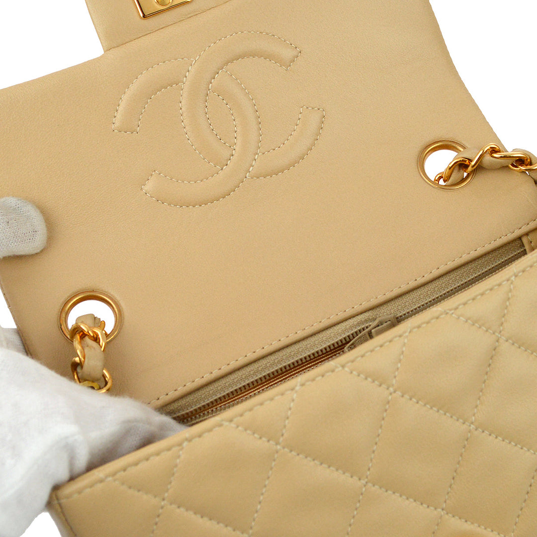 Top Quality Chanel * Beige Lambskin Mini Classic Square Flap Shoulder Bag 17