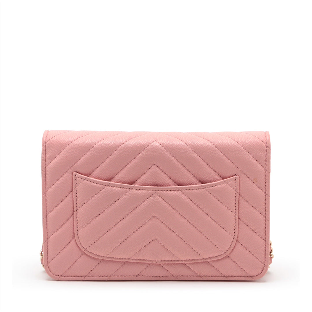 Top Quality Chanel V Stitch Caviar S Chain Wallet Pink Gold