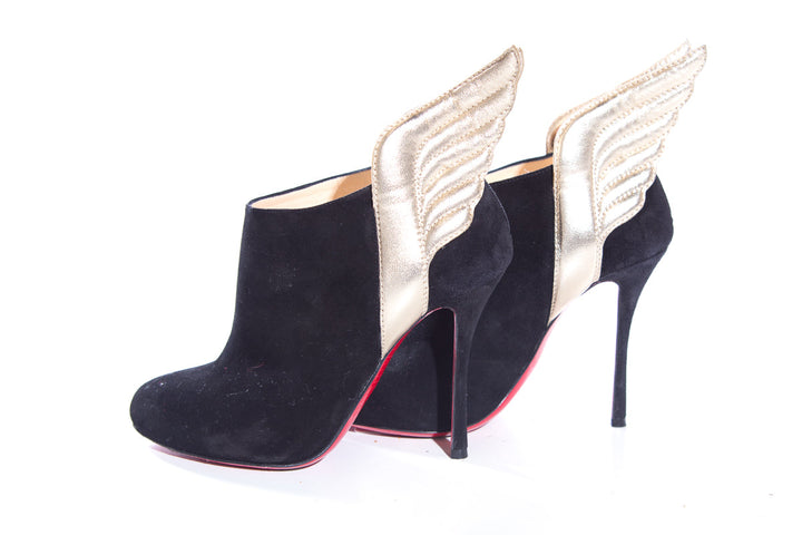 Christian Louboutin Black Suede & Gold Wing Heels SZ 36