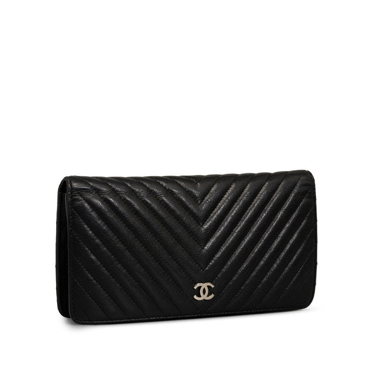 Top Quality Chanel Chevron Cocomark V titch Long Wallet Black Silver   CHANEL