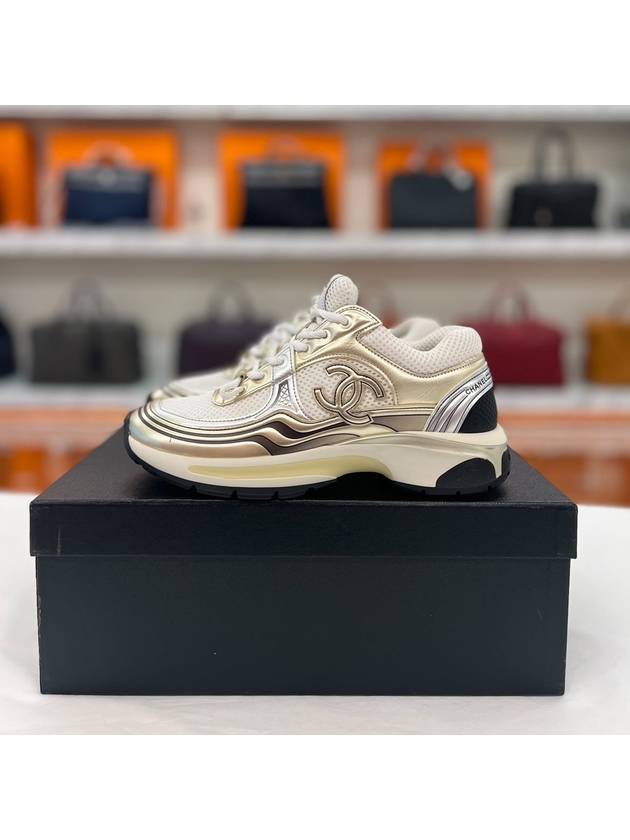 Fabric Laminated Low Top Sneakers Gold Chanel