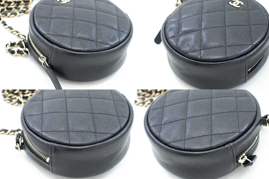 Chanel Round Zip Caviar Small Chain Shoulder Bag Black Quilted
