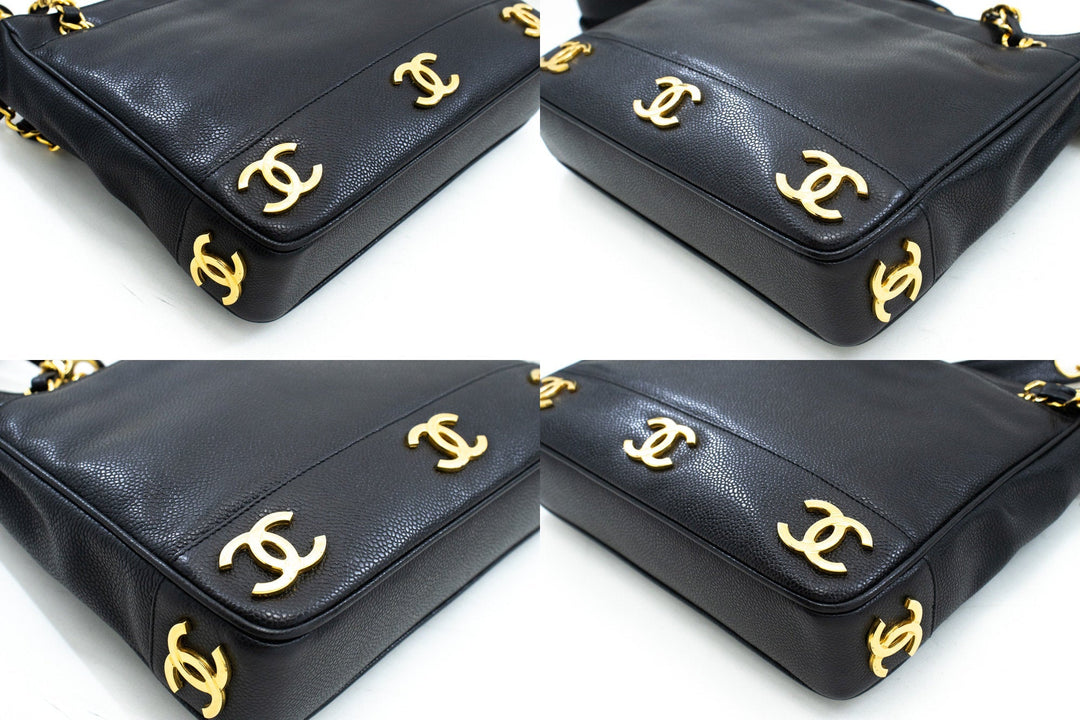 Top Quality Chanel Caviar Triple Coco Chain Shoulder Bag Black Leather Gold