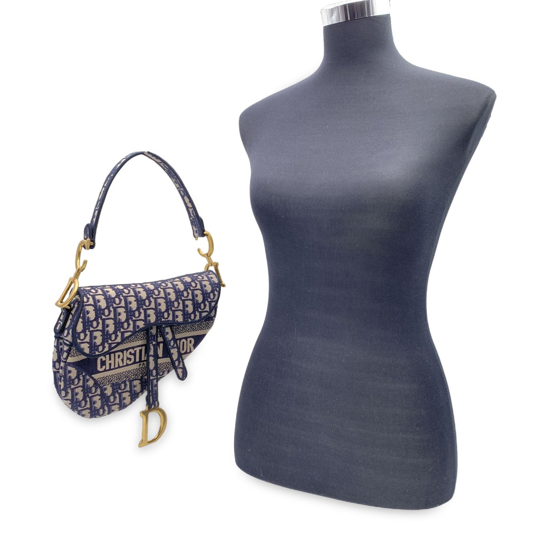 CHRISTIAN Top quality Dior Blue Jacquard Oblique Canvas Embroidery Saddle Bag