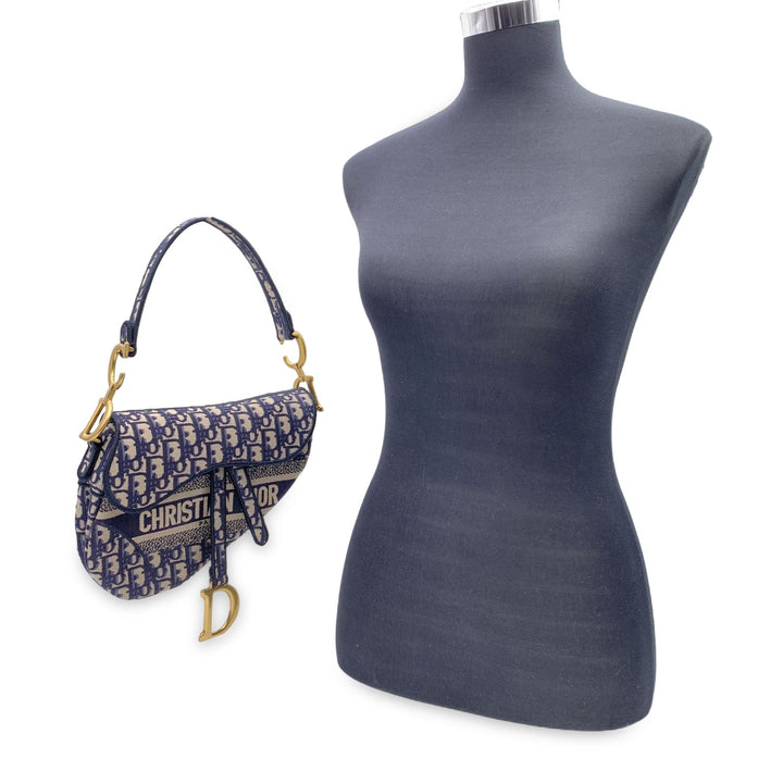 CHRISTIAN Top quality Dior Blue Jacquard Oblique Canvas Embroidery Saddle Bag