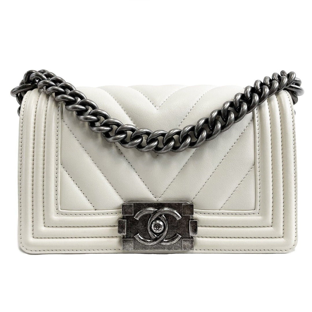 Chanel Boy New Chevron Quilted White Shoulder Bag Mini