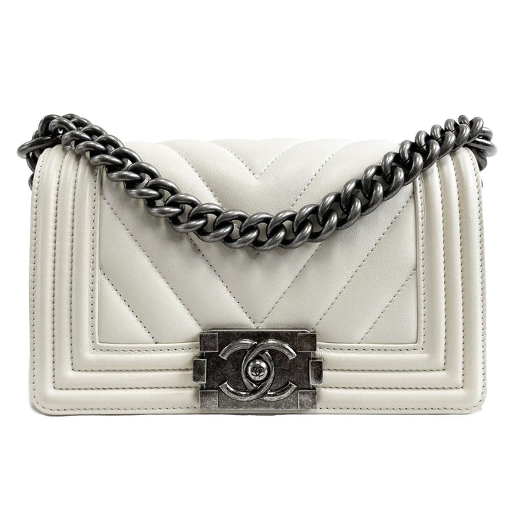 Chanel Boy New Chevron Quilted White Shoulder Bag Mini
