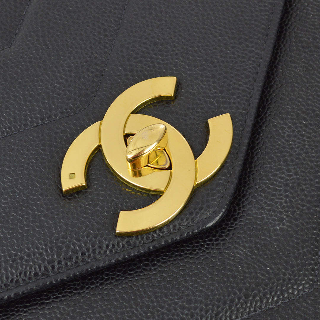 Top Quality Chanel 1994-1996 Black Caviar Jumbo Chevron Letter Flap Bag