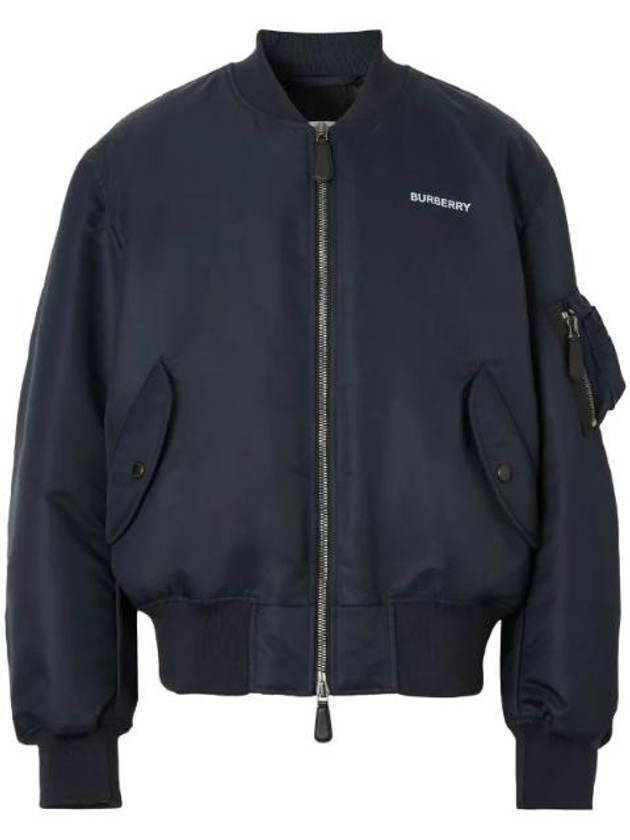 Burberry Men's Logo Print Nylon Bomber Jacket Smoke Navy