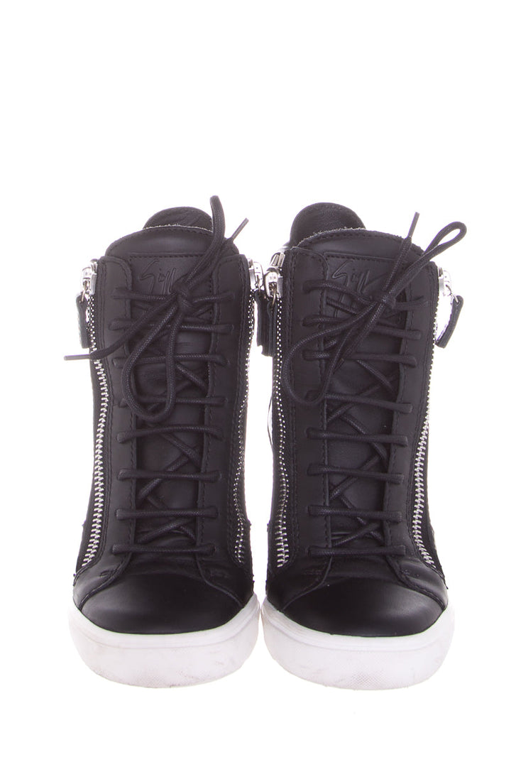 Guiseppe Zanotti Black & Silver Leather Sneaker Wedge SZ 38.5