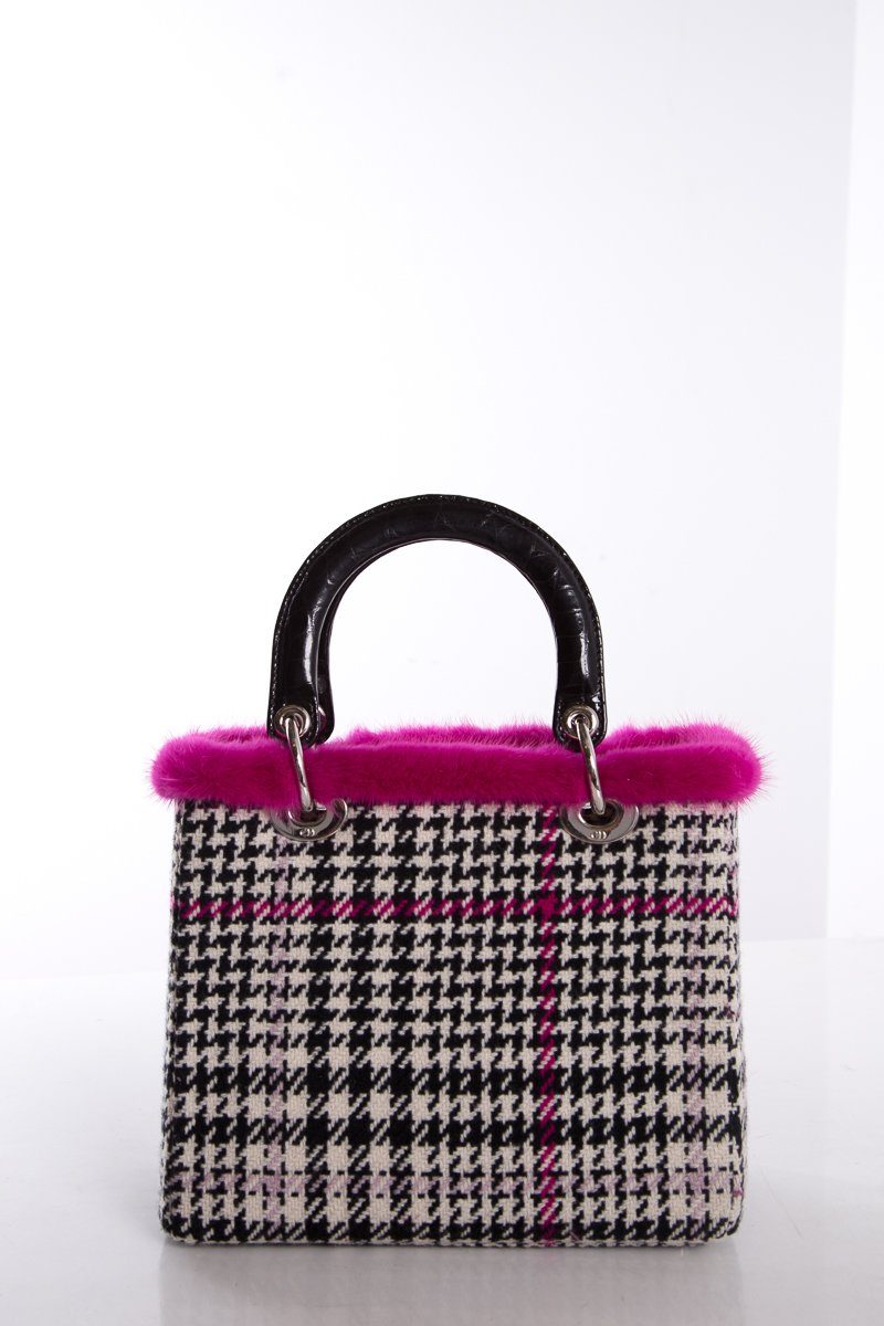 Christian Top quality Dior Black & White Wool Houndstooth Mink Trim Crocodile Handle Bag