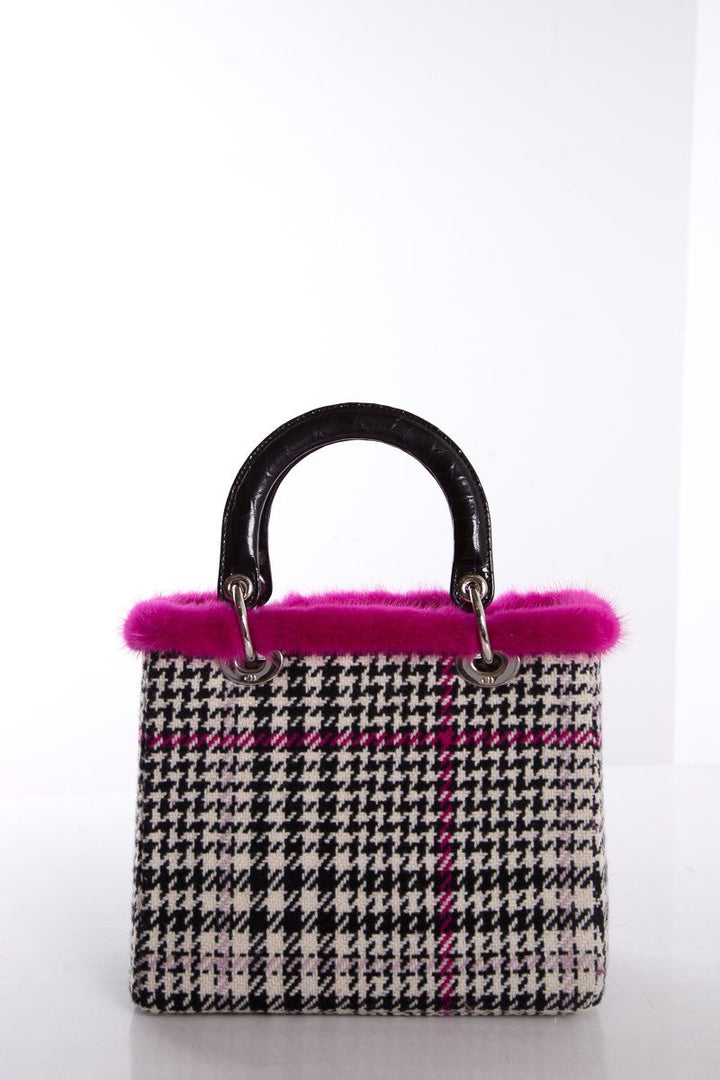 Christian Top quality Dior Black & White Wool Houndstooth Mink Trim Crocodile Handle Bag