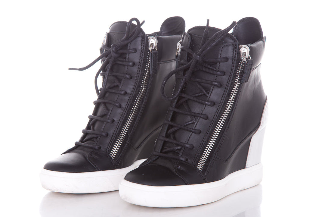 Guiseppe Zanotti Black & Silver Leather Sneaker Wedge SZ 38.5