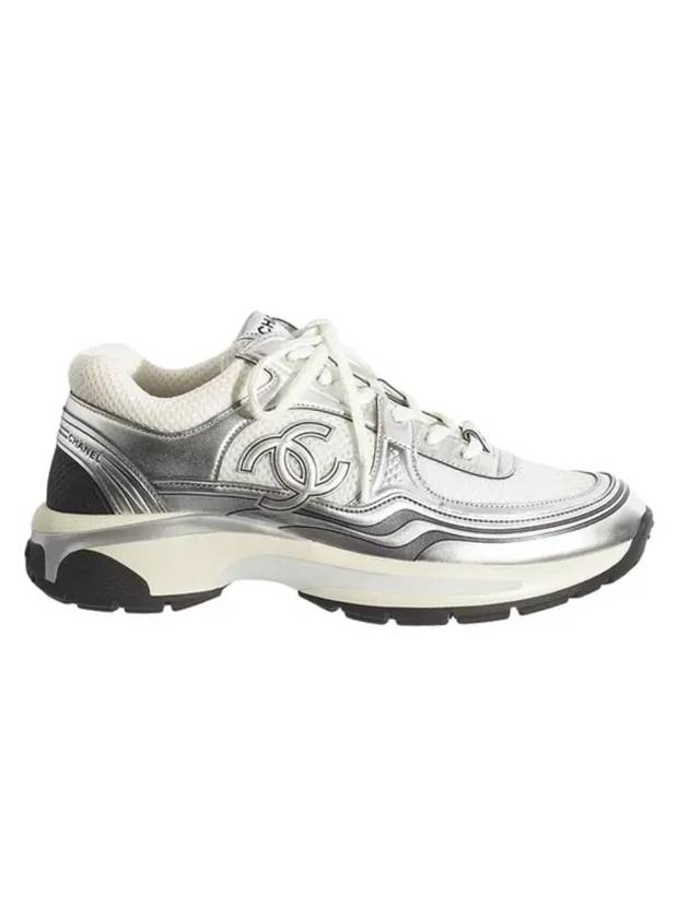 Fabric Laminated Low Top Sneakers Silver Chanel