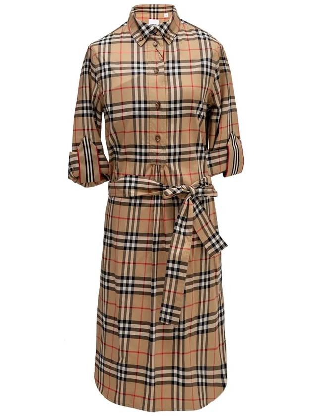 Burberry Vintage Check Stretch Cotton Tie-Waist Shirt Dress Beige