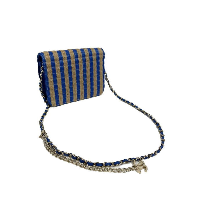 Chanel - 2021 Raffia Jute Striped Belt Bag - Blue / Beige / Gold Hardware