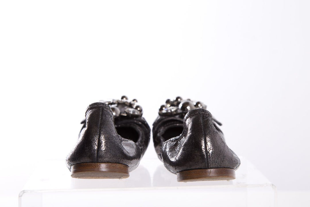 Miu Miu Metallic Grey Leather Crystal Embellishments Ballet Flats SZ 38.5