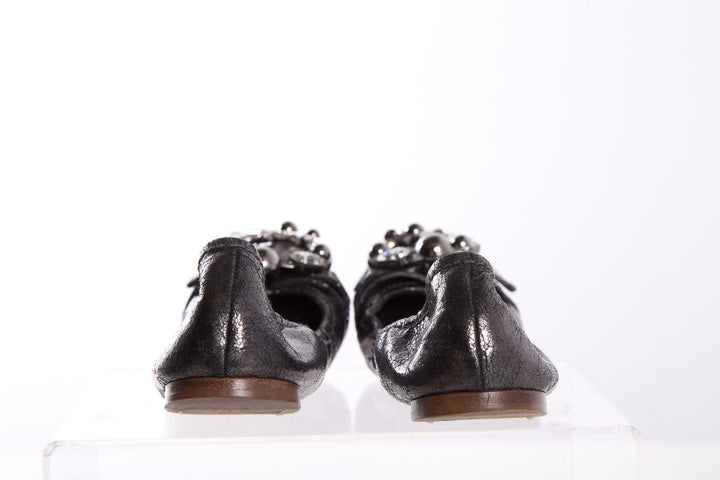 Miu Miu Metallic Grey Leather Crystal Embellishments Ballet Flats SZ 38.5