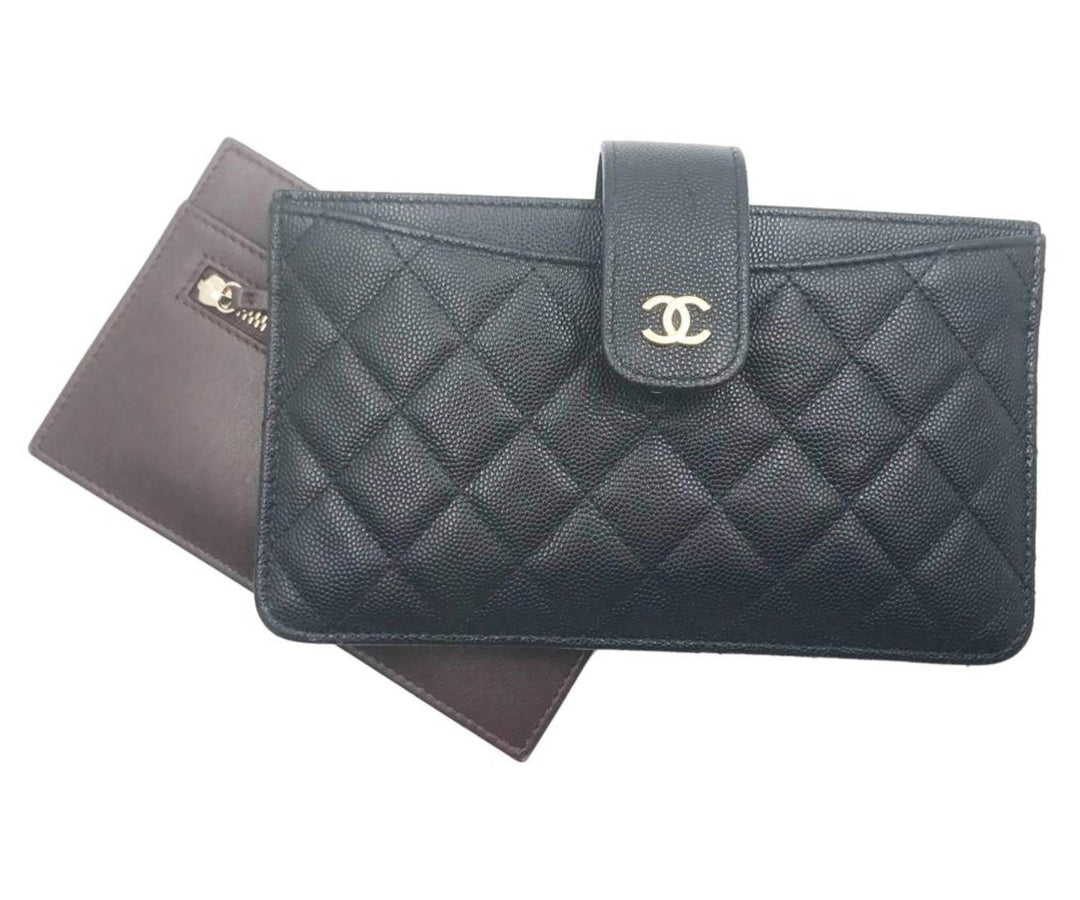 Top Quality Chanel Classic Black Caviar 2 Set Pouch Long Wallet