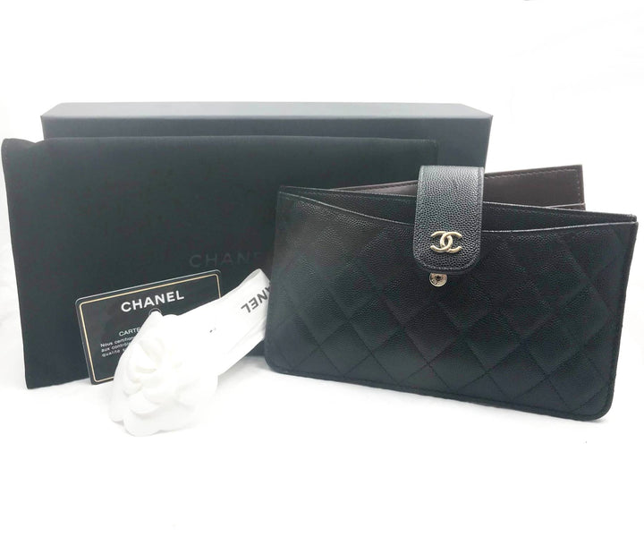 Top Quality Chanel Classic Black Caviar 2 Set Pouch Long Wallet