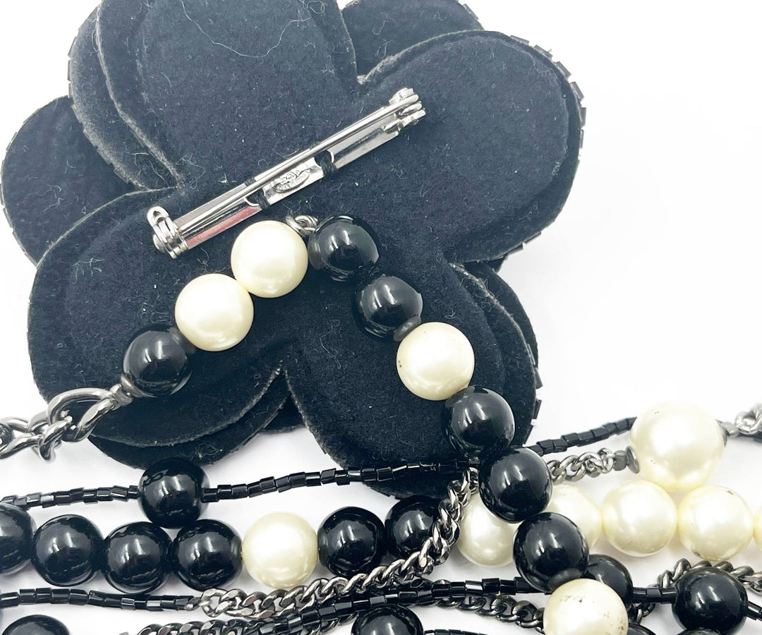 Chanel Black CC Beaded Flower Pin Black Bead Pearl 5 Strand Necklace