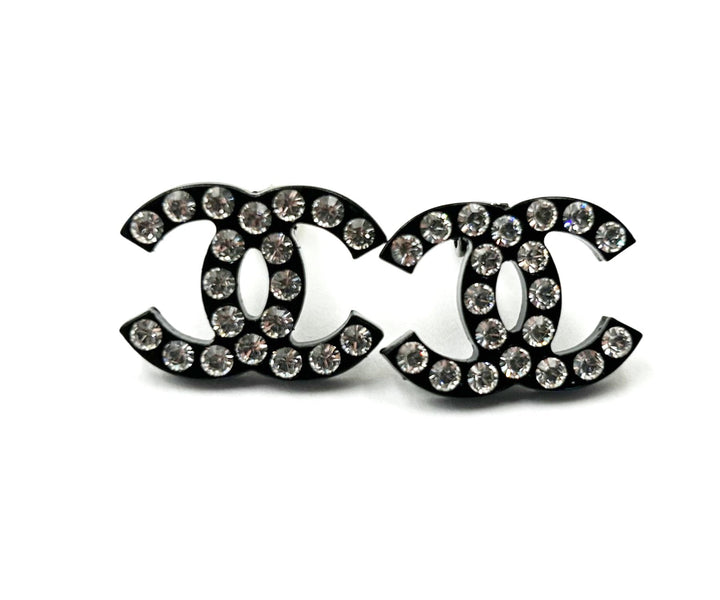 Chanel Black CC Crystal Large Clip on Earrings