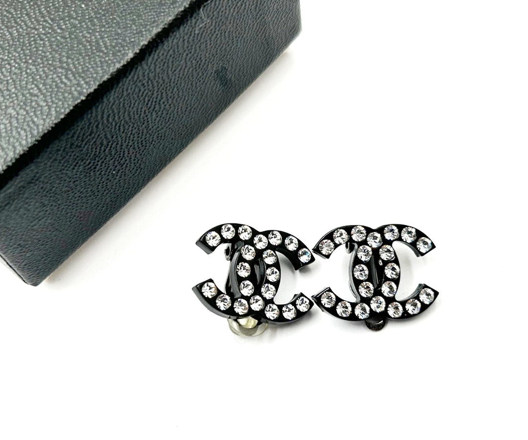 Chanel Black CC Crystal Large Clip on Earrings