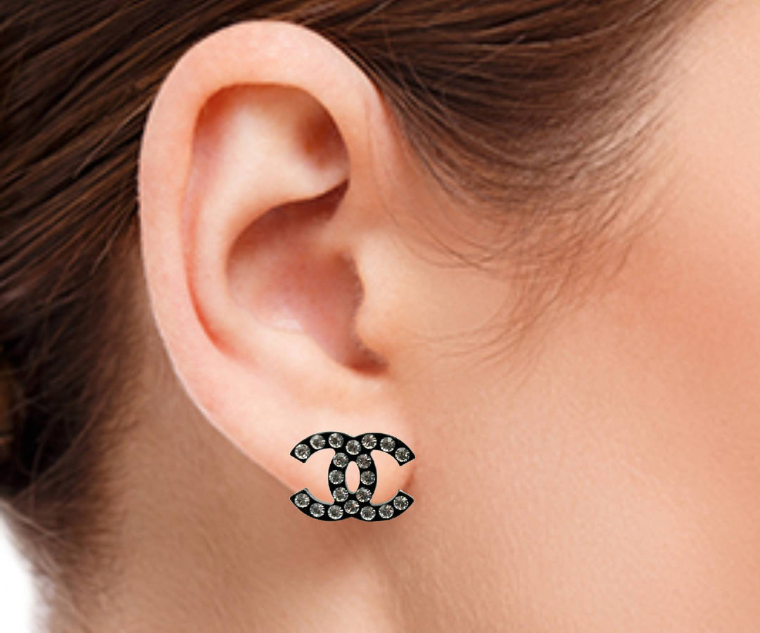 Chanel Black CC Crystal Large Clip on Earrings