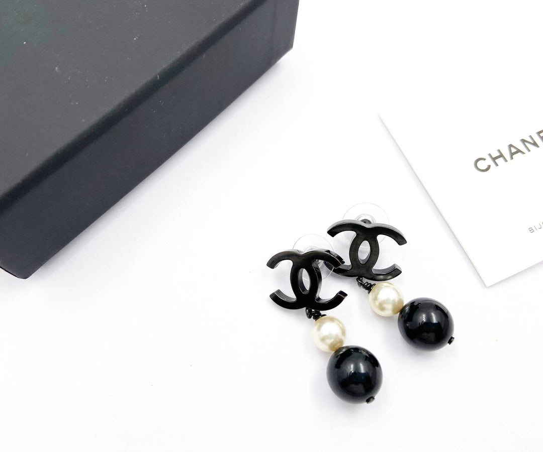 Chanel Black CC Pearl Black Bead Dangle Piercing Earrings