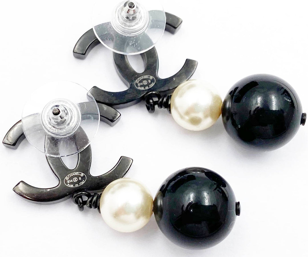 Chanel Black CC Pearl Black Bead Dangle Piercing Earrings
