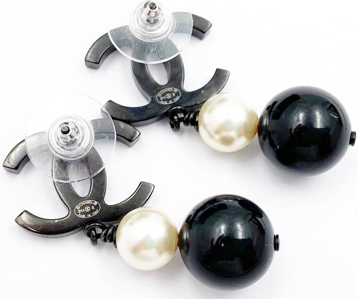 Chanel Black CC Pearl Black Bead Dangle Piercing Earrings
