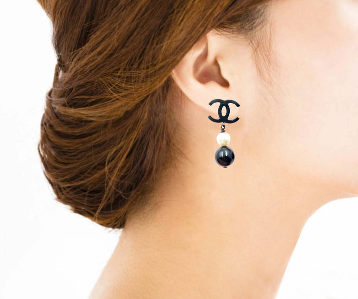 Chanel Black CC Pearl Black Bead Dangle Piercing Earrings