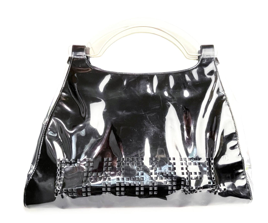 Top Quality Chanel Black Patent Leather Punch Hole Clear Handle XXL Handbag