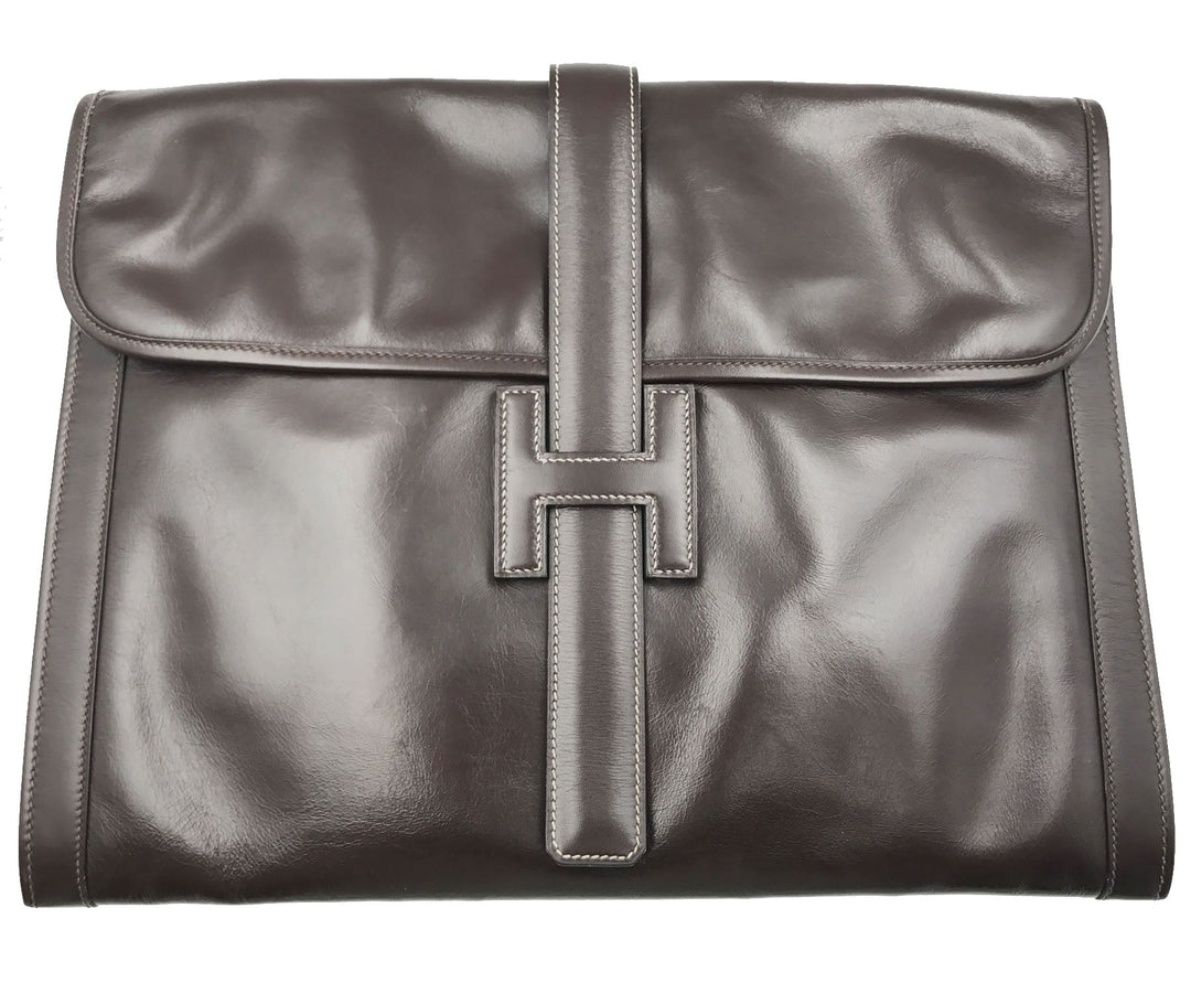 Premium Handmade Hermes Dark Chocolate Brown Jige GM Large Clutch