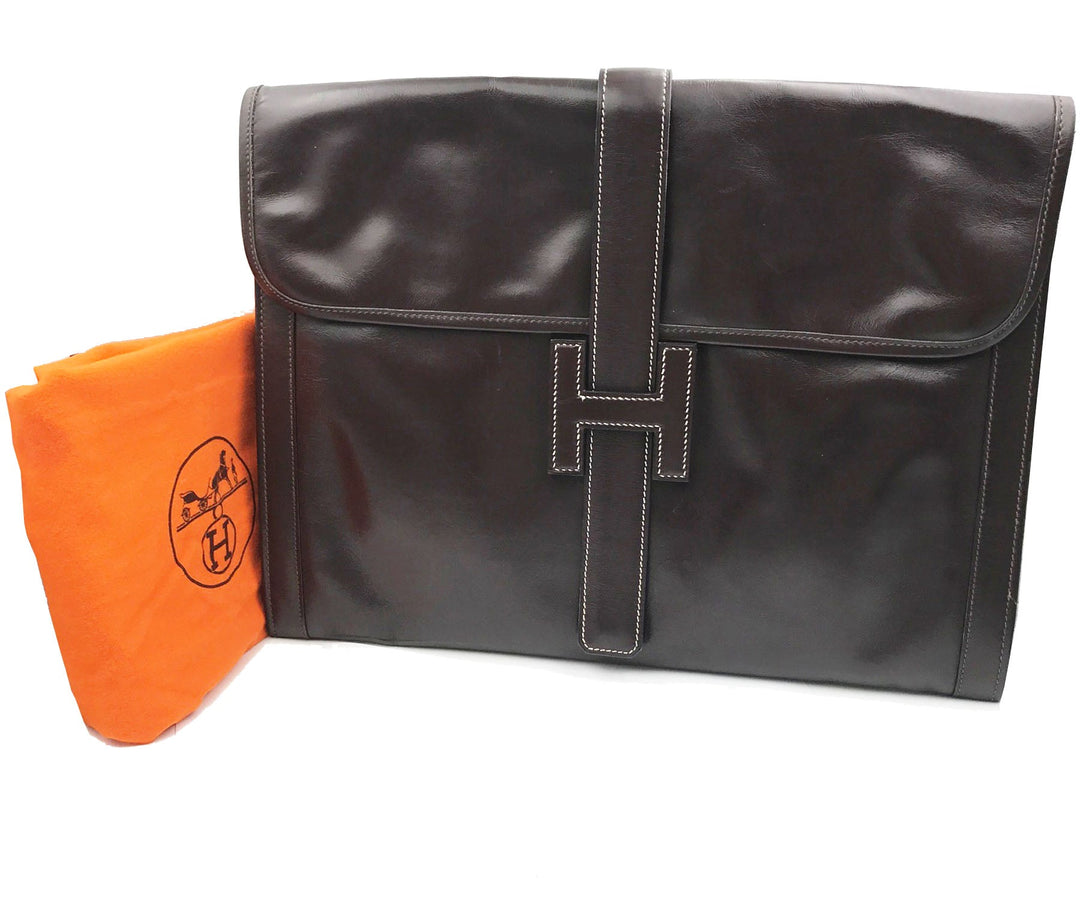 Premium Handmade Hermes Dark Chocolate Brown Jige GM Large Clutch