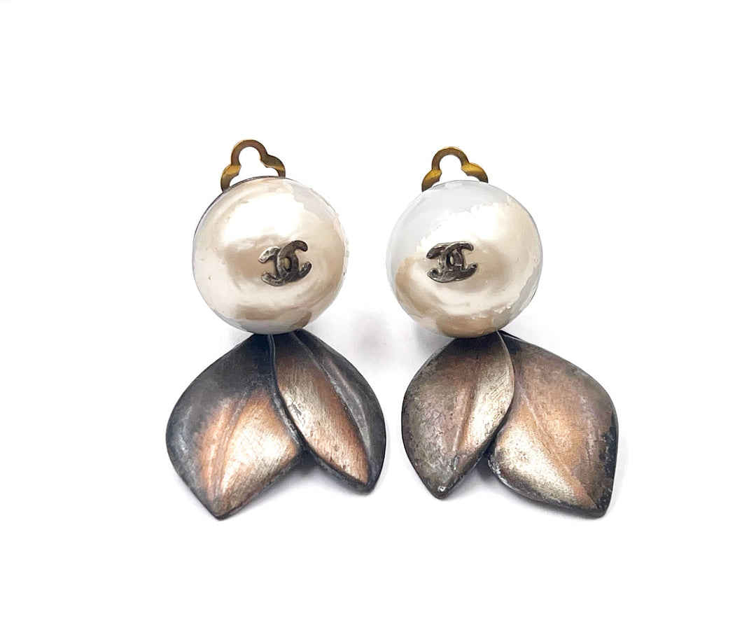 Chanel Bronze CC Faux Pearl Leaves Clip on Earrings