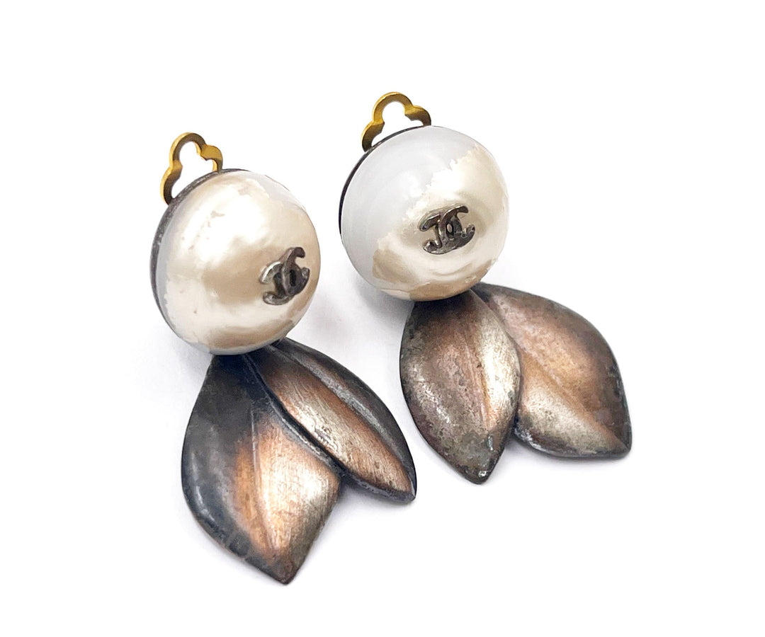 Chanel Bronze CC Faux Pearl Leaves Clip on Earrings
