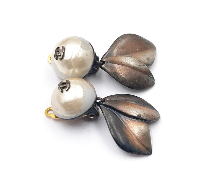 Chanel Bronze CC Faux Pearl Leaves Clip on Earrings