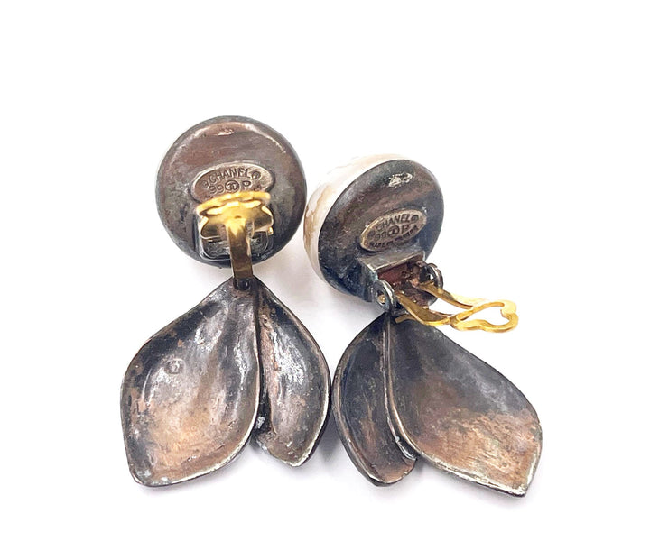 Chanel Bronze CC Faux Pearl Leaves Clip on Earrings