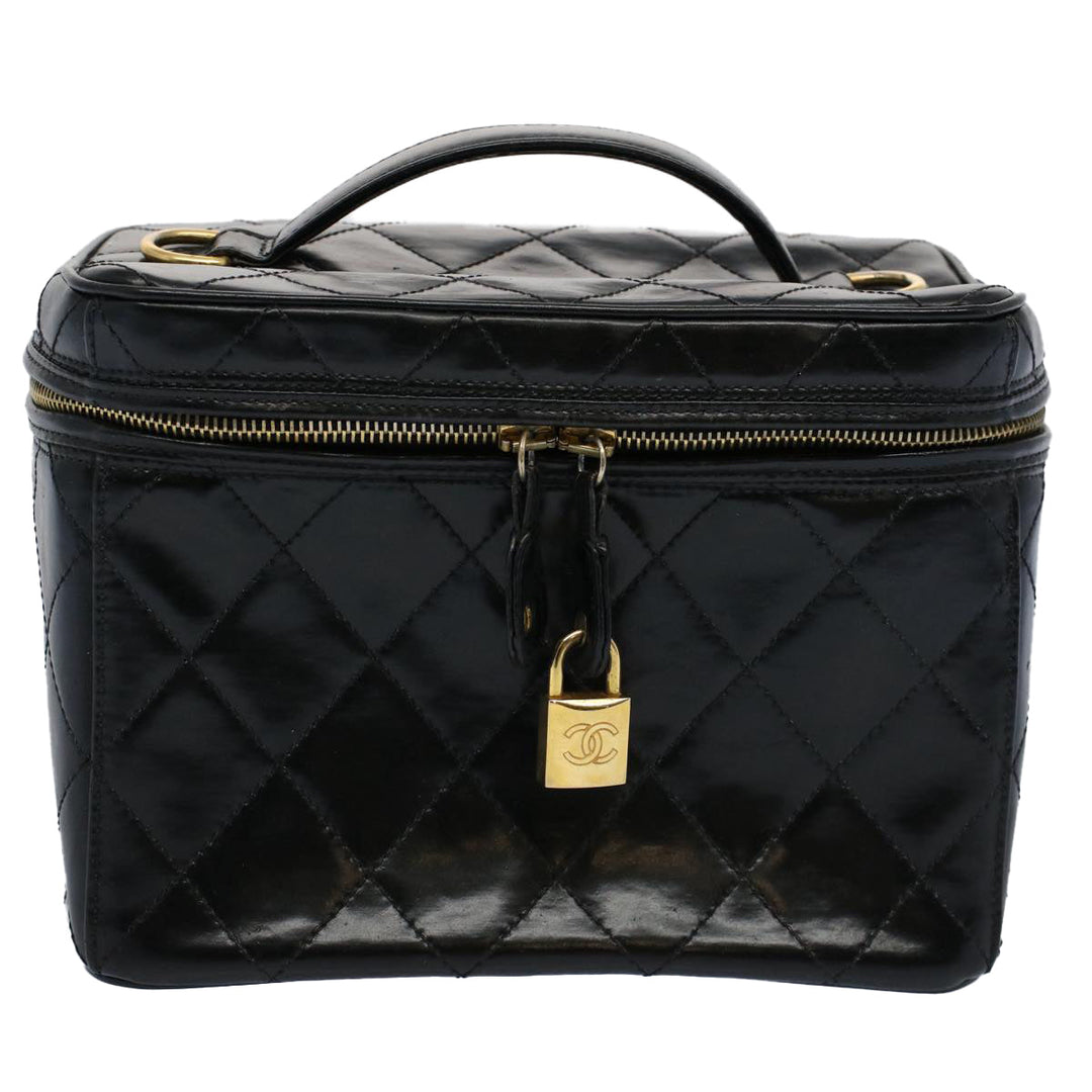 Chanel Vanity Cosmetic Pouch Patent leather Black CC Auth bs10201