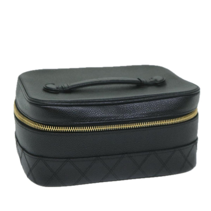 Chanel Vanity Cosmetic Pouch Caviar Skin Black CC Auth bs11563