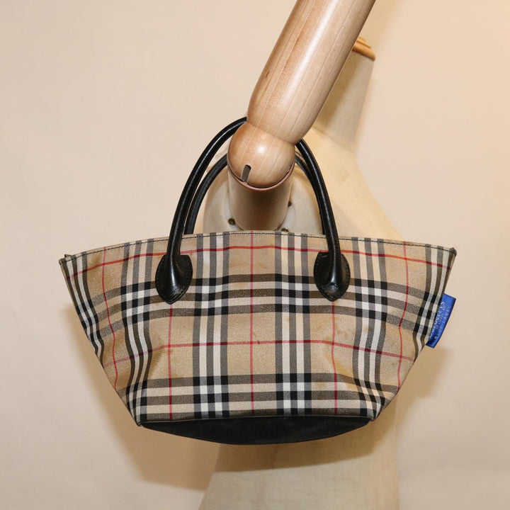 BURBERRYSs Nova Check Blue Label Hand Bag Nylon Beige Auth bs12386