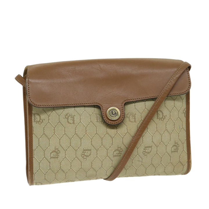 CHRISTIAN Dior Honeycomb Canvas Shoulder Bag PVC Leather Beige Auth bs12456