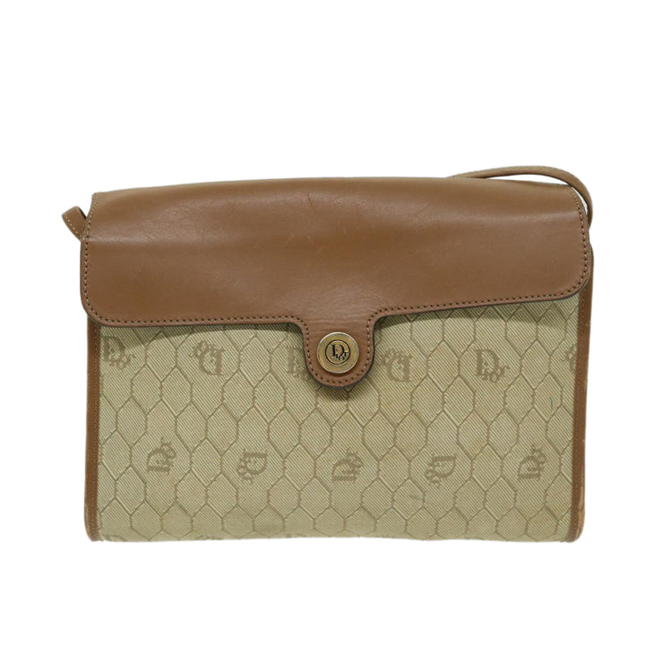 CHRISTIAN Dior Honeycomb Canvas Shoulder Bag PVC Leather Beige Auth bs12456