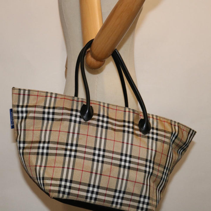 BurberrySs Nova Check Blue Label Hand Bag Nylon Beige Auth bs13235