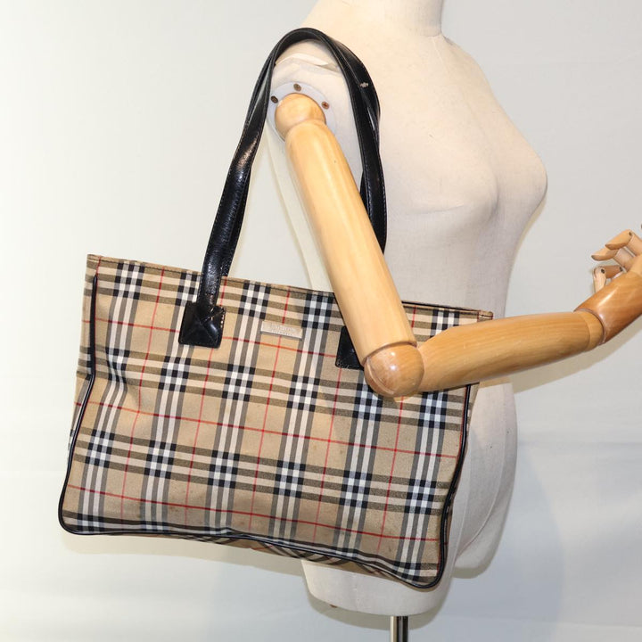 BurberrySs Nova Check Blue Label Tote Bag Nylon Beige Black Auth bs13687